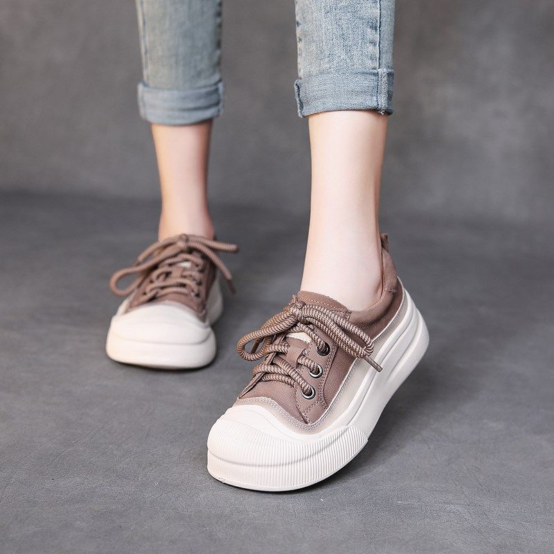 2024年春季新款真皮休闲鞋女圆头厚底坡跟单鞋复古风百搭深口板鞋,女鞋,深口单鞋,淘宝优惠券,粉丝福利购,淘宝优惠卷