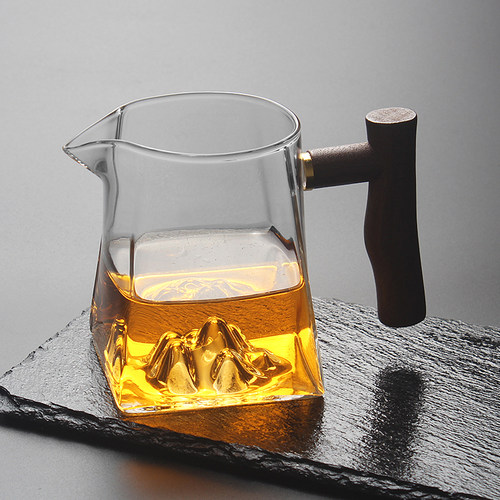 高硼硅茶具加厚耐热高温玻璃公道杯茶漏过滤分茶器木柄方公杯观山