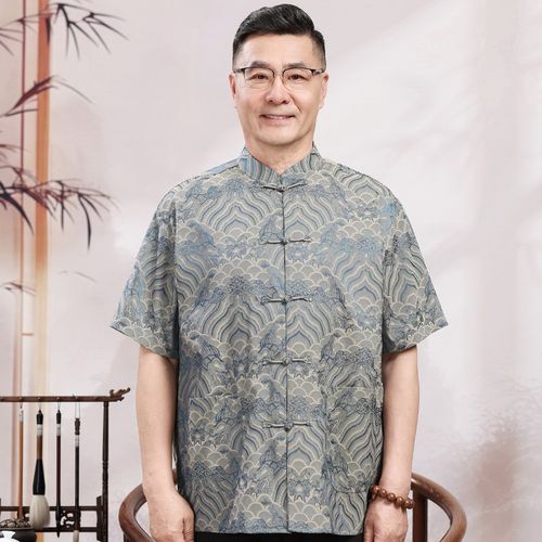 中老年唐装男夏季薄款短袖套装冰丝衬衫爸爸装中国风60岁70爷爷装