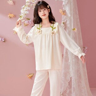 儿童睡衣女童纯棉长袖收口春秋季薄款母女初中生带胸垫居家服套装