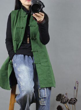 提花棉麻棉马夹女 好搭配文艺复古盘扣中长款马夹背心民族风棉衣
