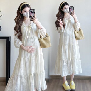 休闲裙子春季 孕妇装 连衣裙宽松大码 小清新提花长袖 简约孕妇裙 春装