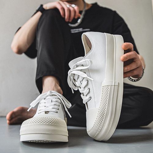 男鞋春夏款2025新款板鞋白色厚底休闲鞋子潮牌百搭低帮真皮小白鞋