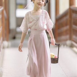 端午夏季 古风宋制女童汉服套装 小女孩软萌仙女儿短袖 儿童花儿 新款