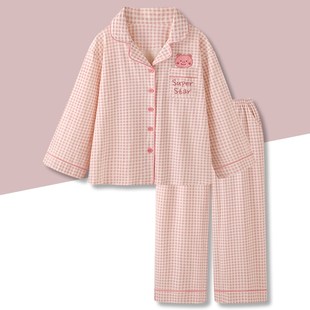家居服 套装 呆萌小海狸卡通格纹情侣纯棉睡衣女春秋冬新款 长袖