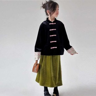 儿童国风丝绒复古半身裙外套2024秋冬款女童唐装新中式汉服两件套