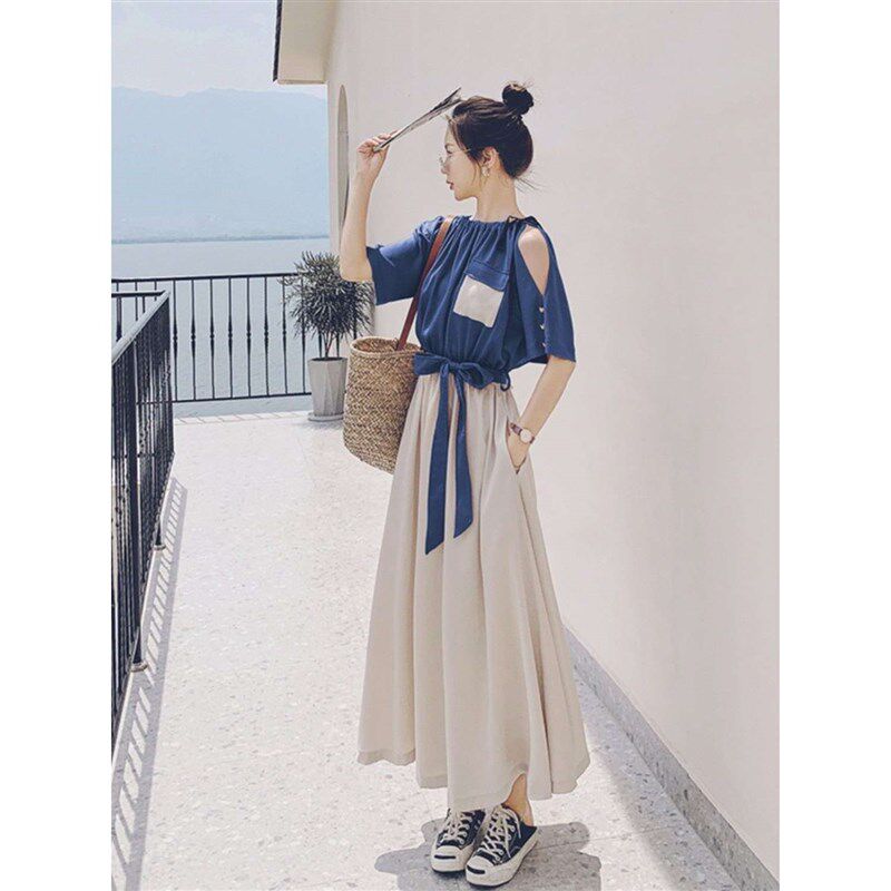 蓝色假两件连衣裙女2023夏季新款法式气质设计感小众到及脚踝长裙