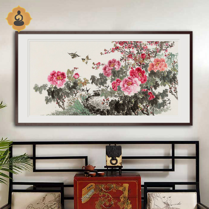 横幅写意花鸟国画牡丹花s开富贵办公室书房客厅现代中式装饰画挂图片