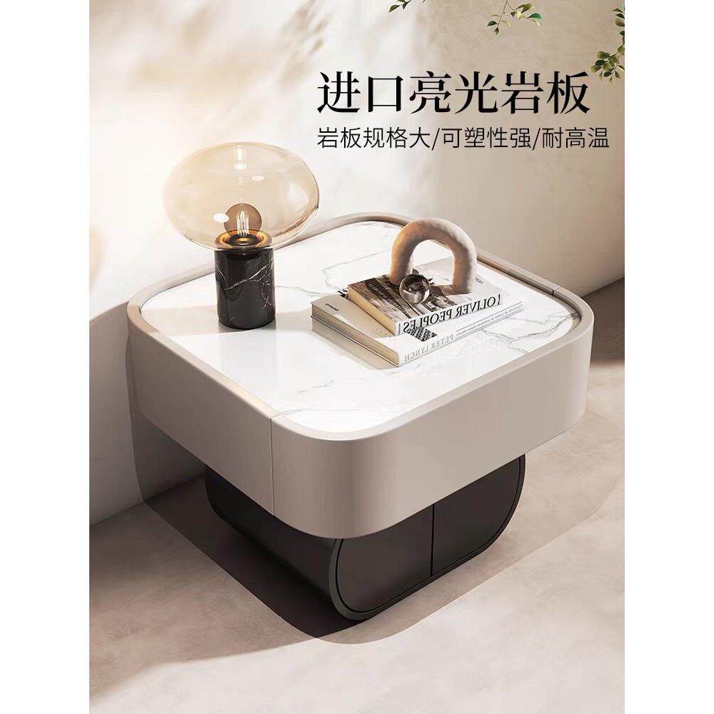 免安装床头柜现代简约轻奢高级感圆形岩板极简床边小柜子创意网红