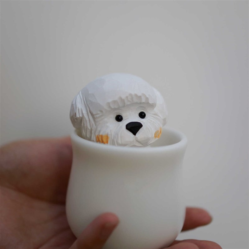 木刻自习室可爱线条小狗木雕比熊泰迪玩偶车饰摆件桌面装饰