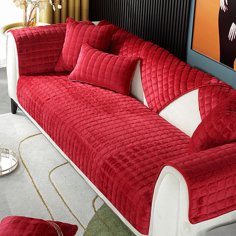 超柔短毛绒酒红色沙发垫防滑办公室厚坐垫现代扶手靠背巾枕