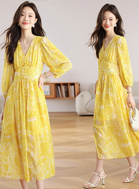 实拍 法式超仙V领黄色碎花连衣裙海边度假高级天丝雪纺茶歇长裙