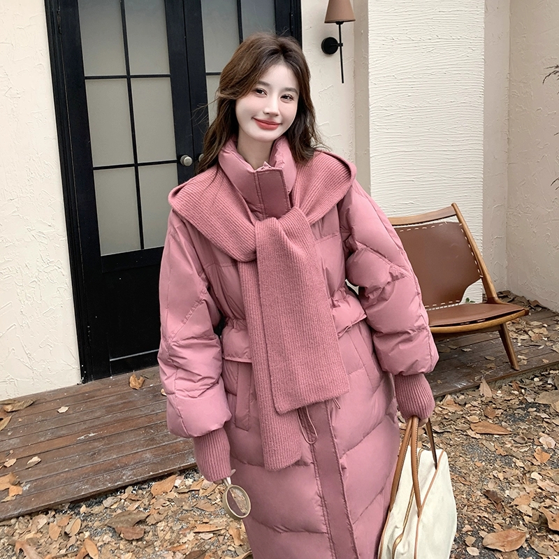 针织披肩玫粉色收腰羽绒服女冬季2025新款流行中长款高级感爆款