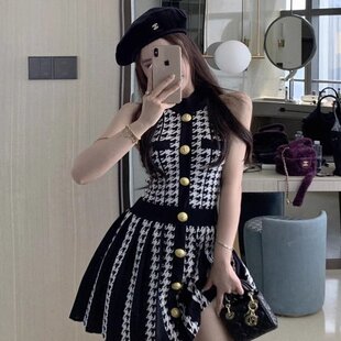 生日裙子高级感party小礼裙小黑裙子高端精致黑色无袖挂脖连衣裙