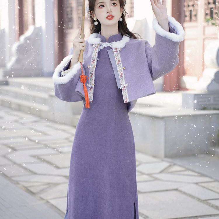 新增加绒款6681#实拍 毛呢外套改良旗袍新中式套装 上架+40