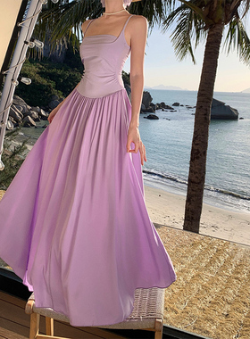实拍显白紫色吊带连衣裙女夏季海边度假裙高腰显瘦及踝长裙