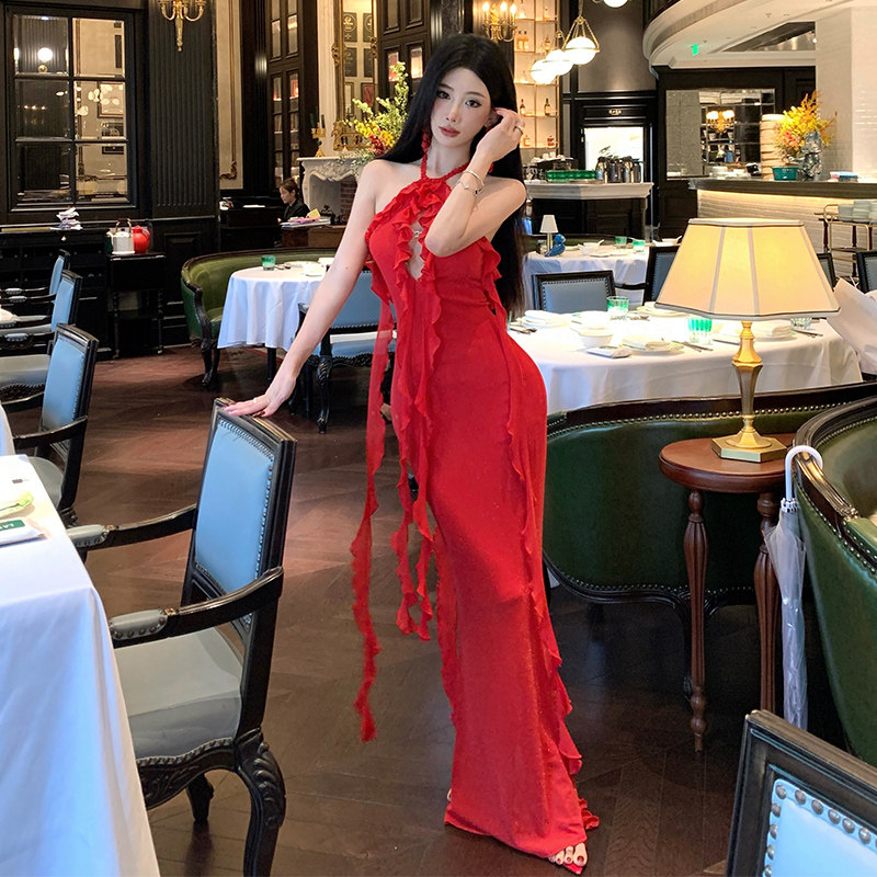 实拍红色年会裙圣诞节情人节约会裙性感长裙生日party小礼服