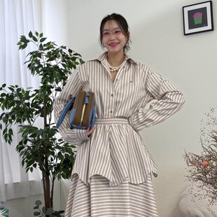 已出货 高腰显瘦半身裙两件套 韩国东大门气质收腰显瘦条纹衬衫