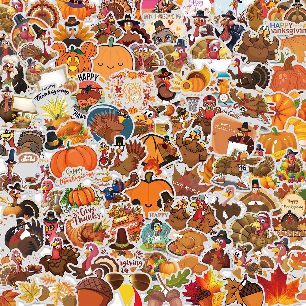 207张感恩节贴纸火鸡南瓜节庆周边卡通可爱装饰图案橱窗手机贴画
