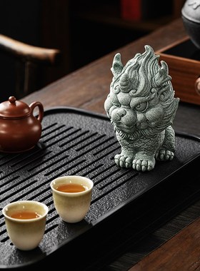 创意青砂石瑞兽麒麟动物摆件国风招财茶宠精品可养茶台室装饰品