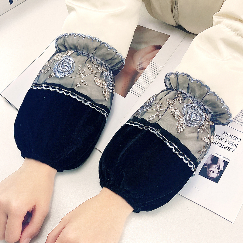 秋冬金丝绒蕾丝短版羽绒衣防污护袖套成人女士学生红色套袖头手袖