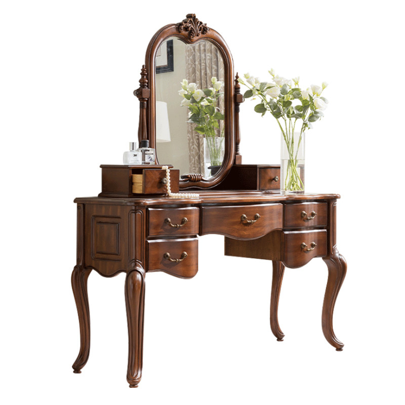 深色美式梳妆台实木卧室化妆台复古欧式全实木妆台镜组合1.3米