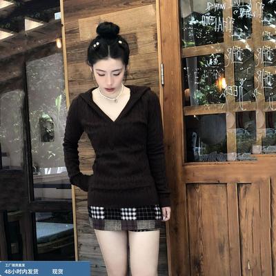 美式复古辣妹修身显瘦短款连帽针织衫上衣女早秋季设计感套头毛衣