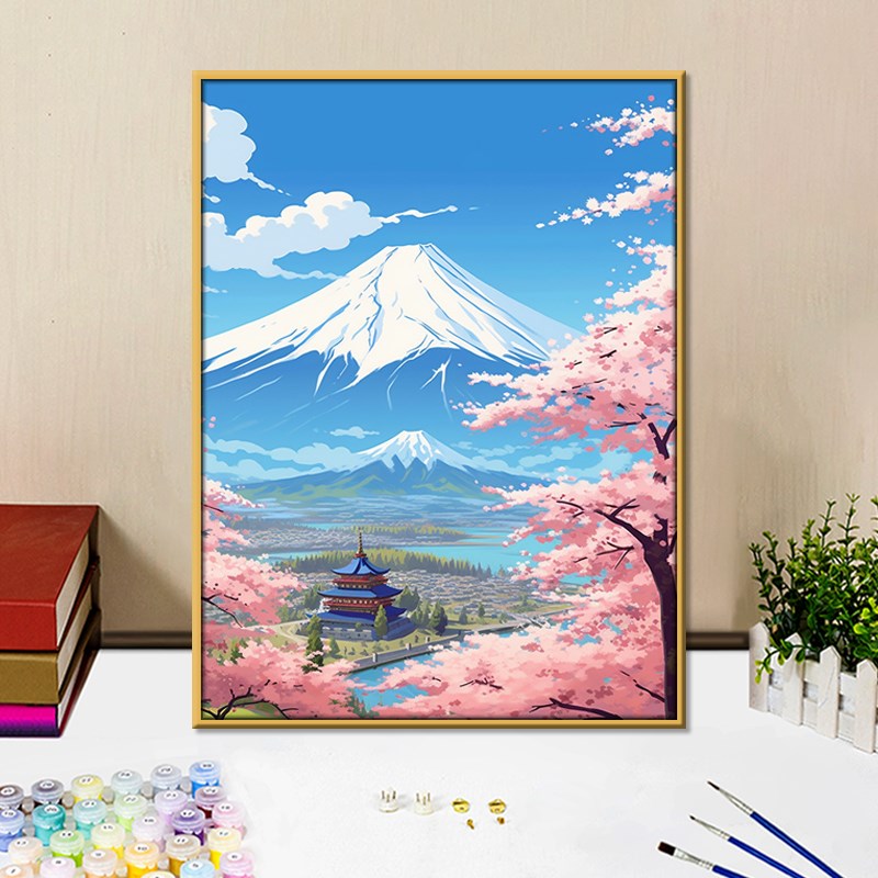 富士山下樱花数字油画diy手工填充画画填色油彩画手绘涂装饰挂画
