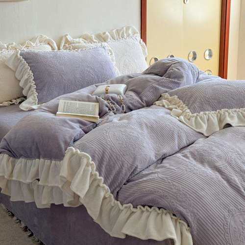 韩式花边雕花绒花边蝴蝶结紫珊瑚绒四件套1.5m1.8秋冬保暖法兰绒