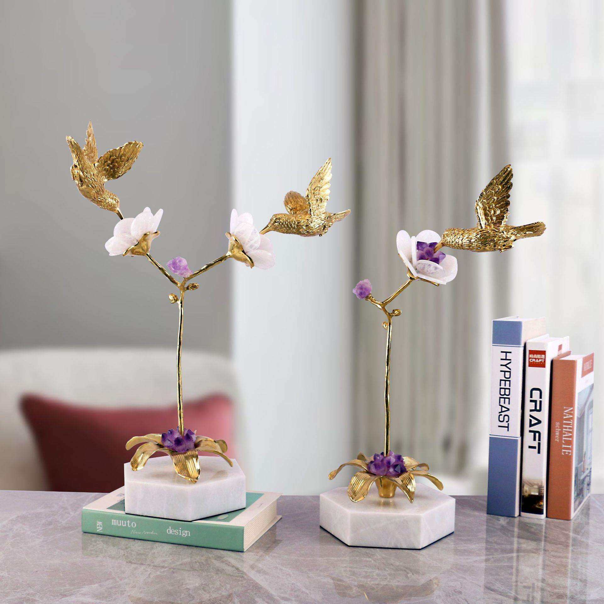 轻奢铜鸟白色大理石家居艺术摆件卧室客厅电视柜家居软装装饰品