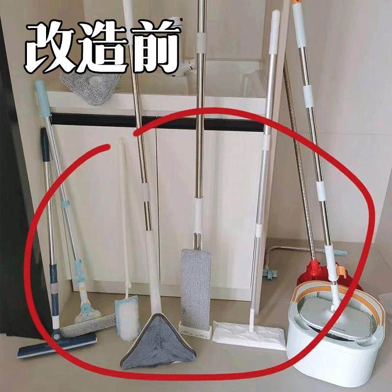 拖把收纳改造！轨道式吸盘拖把夹可移动家用挂钩多功能收纳脸盆架