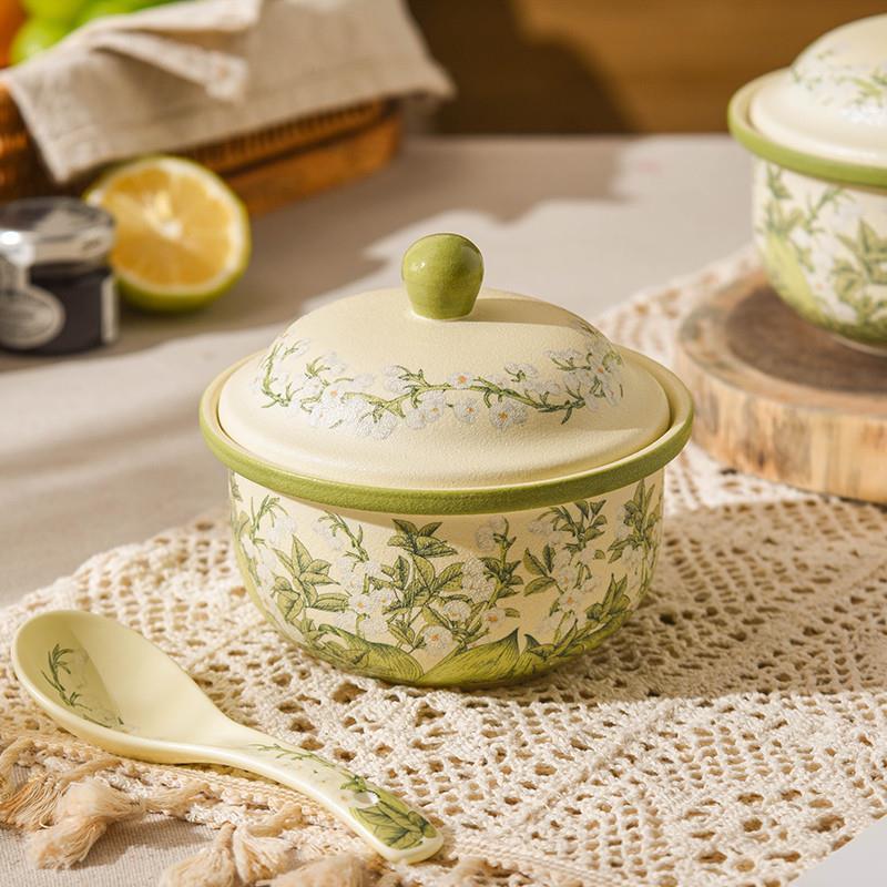 【旗舰店正品】2人份炖盅绿铃兰花开隔水炖家用陶瓷带盖一人份煲