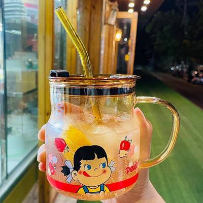 网红水杯家用喝水牛奶杯子带盖子套装可爱大肚玻璃杯饮料果汁吸管