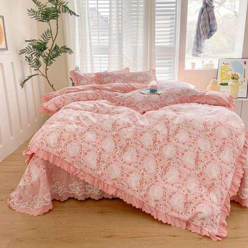 韩版水洗棉麻印花床盖四件套双层纱蕾丝花边夹棉绗缝床上用品