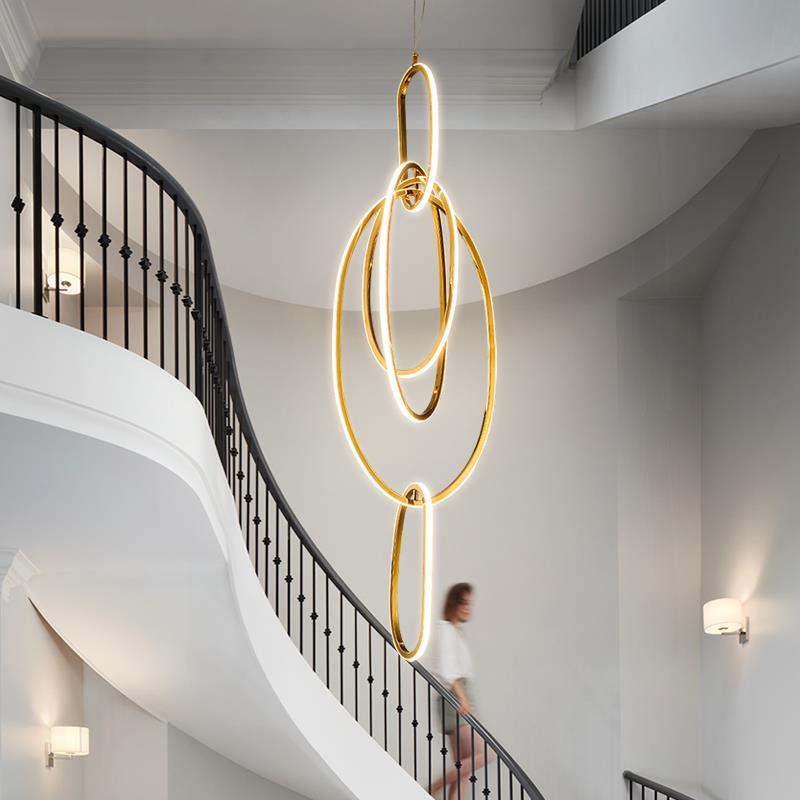 别墅复式楼客厅大吊灯2025不锈钢金色轻奢高档loft跃层挑空楼梯灯