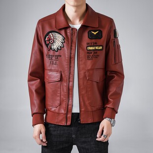 跨境专供秋冬季新款加绒加厚印第安人刺绣皮衣机车夹克上衣批发