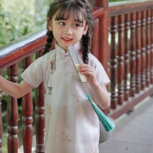 朝奈全开襟真丝包边儿童旗袍女夏季民国风民国装女童夏女宝粉色