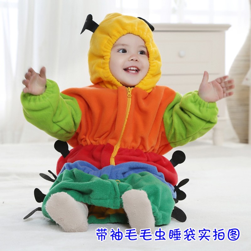 婴儿睡袋春秋冬款加厚卡通宝宝防踢被新生儿童带袖毛毛虫豌豆睡袋