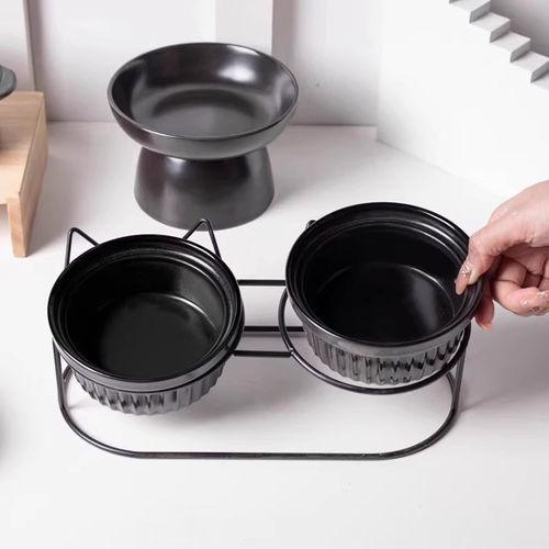 猫碗陶瓷黑色宠物喝水宠物猫食盆饭碗高脚护颈斜口碗大容量防打翻