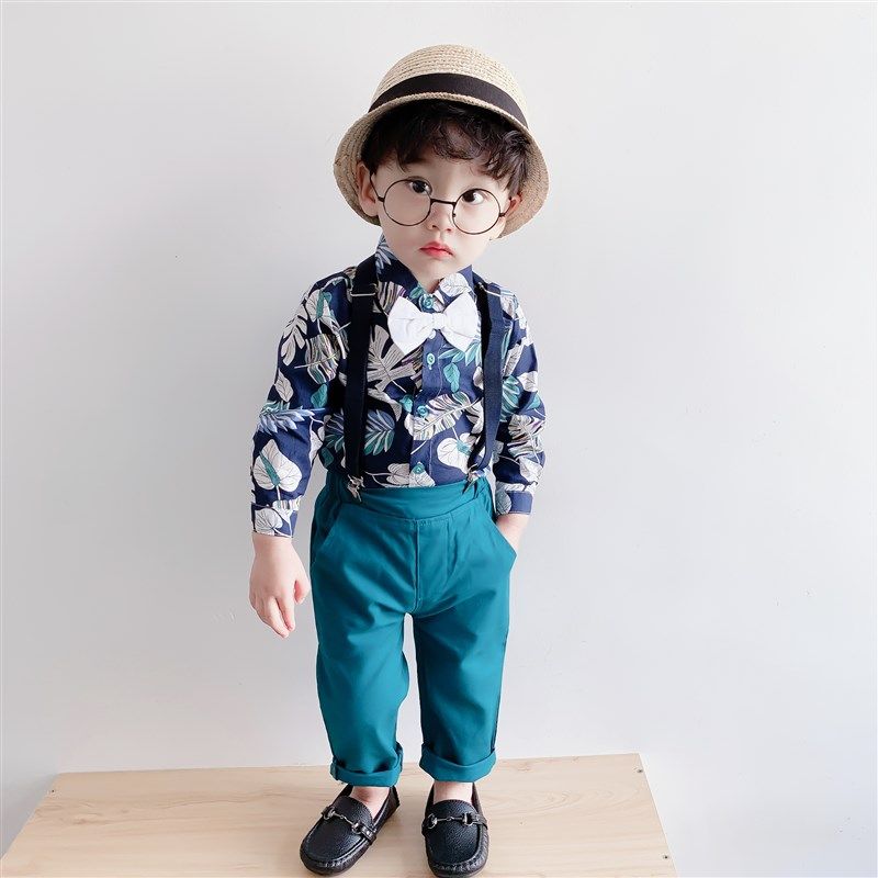 男童西装宝宝欧美风衬衫背带裤套装婴儿周岁生日礼服春秋款花童