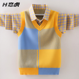 男童毛衣春秋款2021新款儿童针织背心假两件男孩中大童秋冬款加绒