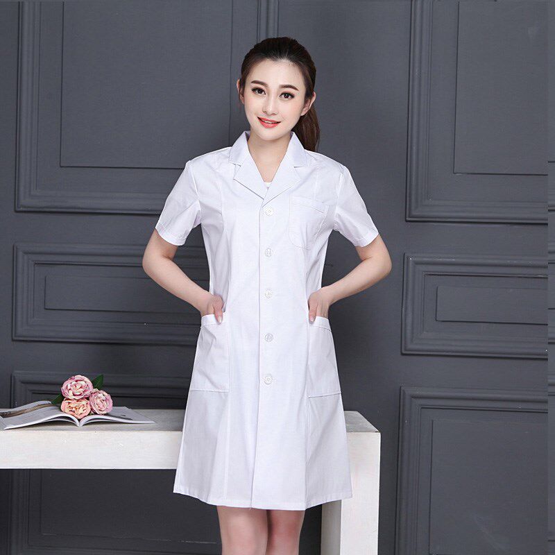 南丁格尔护士服短袖女夏季薄款白蓝大褂男长袖粉色娃娃领偏襟立领