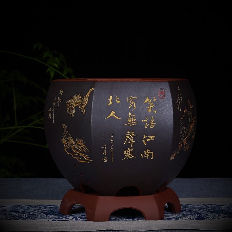 宜兴紫砂花盆六方花盆 带底座 盆景花盆陶瓷古典兰花盆 包邮