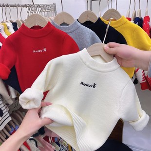 男童毛衣一体绒打底衫加绒圆领儿童纯棉毛线衣红色秋冬新款童装女