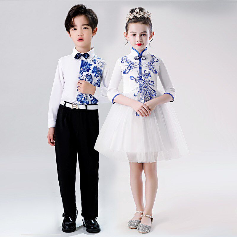 2025新款中国风儿童合唱服青花瓷古筝比赛服演出服装诗朗诵表演服