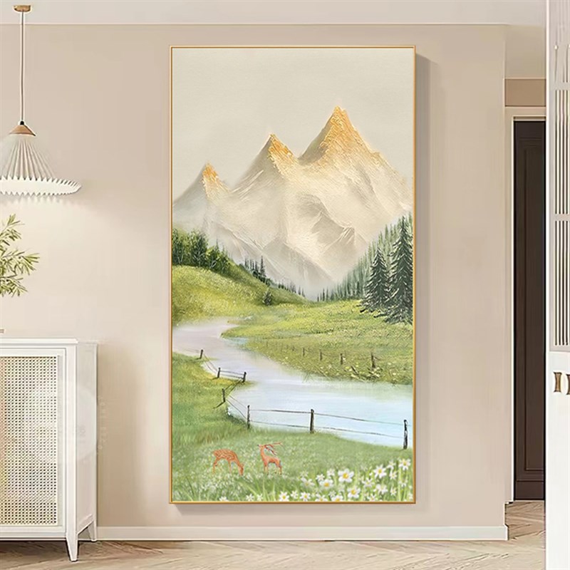 手绘肌理油画现代入户玄关竖版装饰画山水风景客餐厅走廊过道挂画