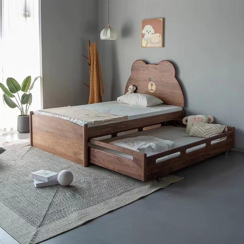 北美黑胡桃木子母床双层拖拉抽拉床多功能樱桃木儿童床推拉高低床