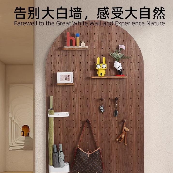 客厅玄关入户家居黑胡桃拱扇形洞洞板墙面创意木质收纳架置物架