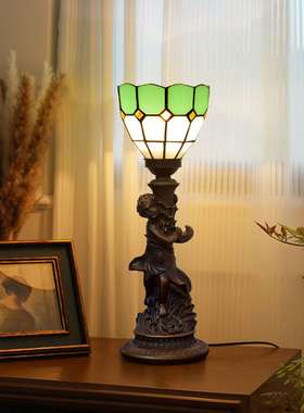 绿色地中海风格小男孩彩色玻璃灯餐厅酒吧书桌装饰台灯卧室床头灯