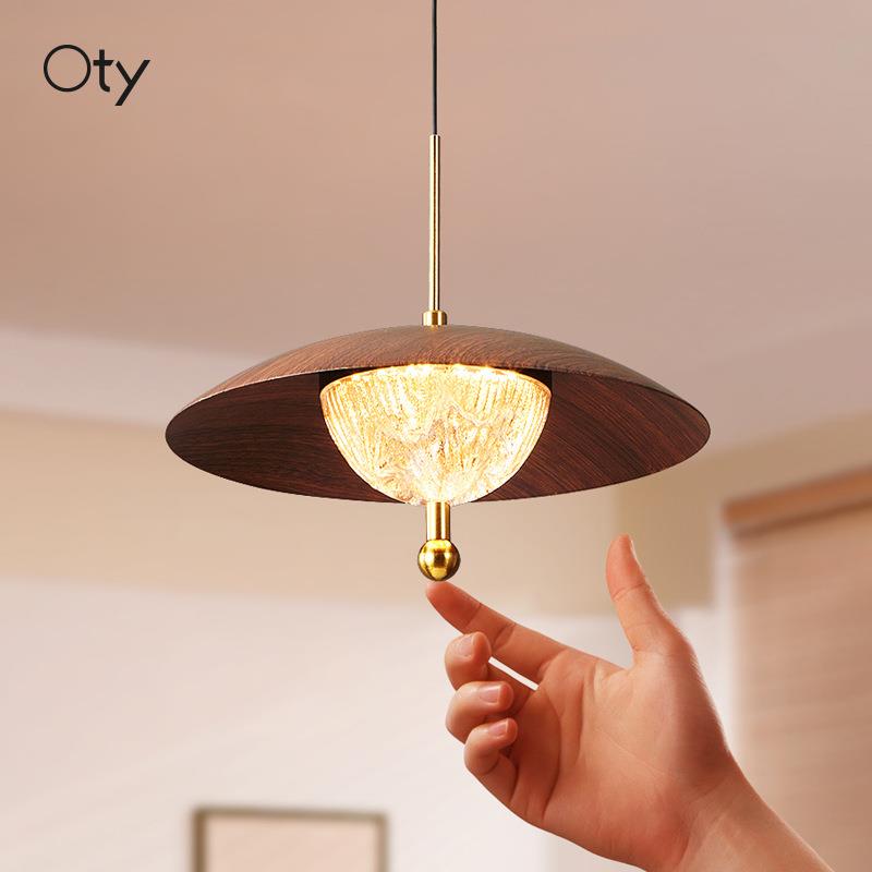 中古风餐厅吊灯胡桃木色可升降悬停吧台灯法式触摸餐桌书房吊线灯